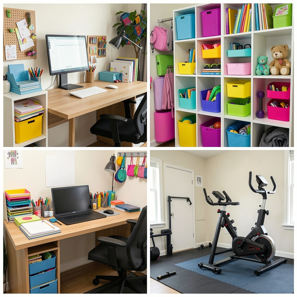 Different activities shown including work desk creative space and exercise area