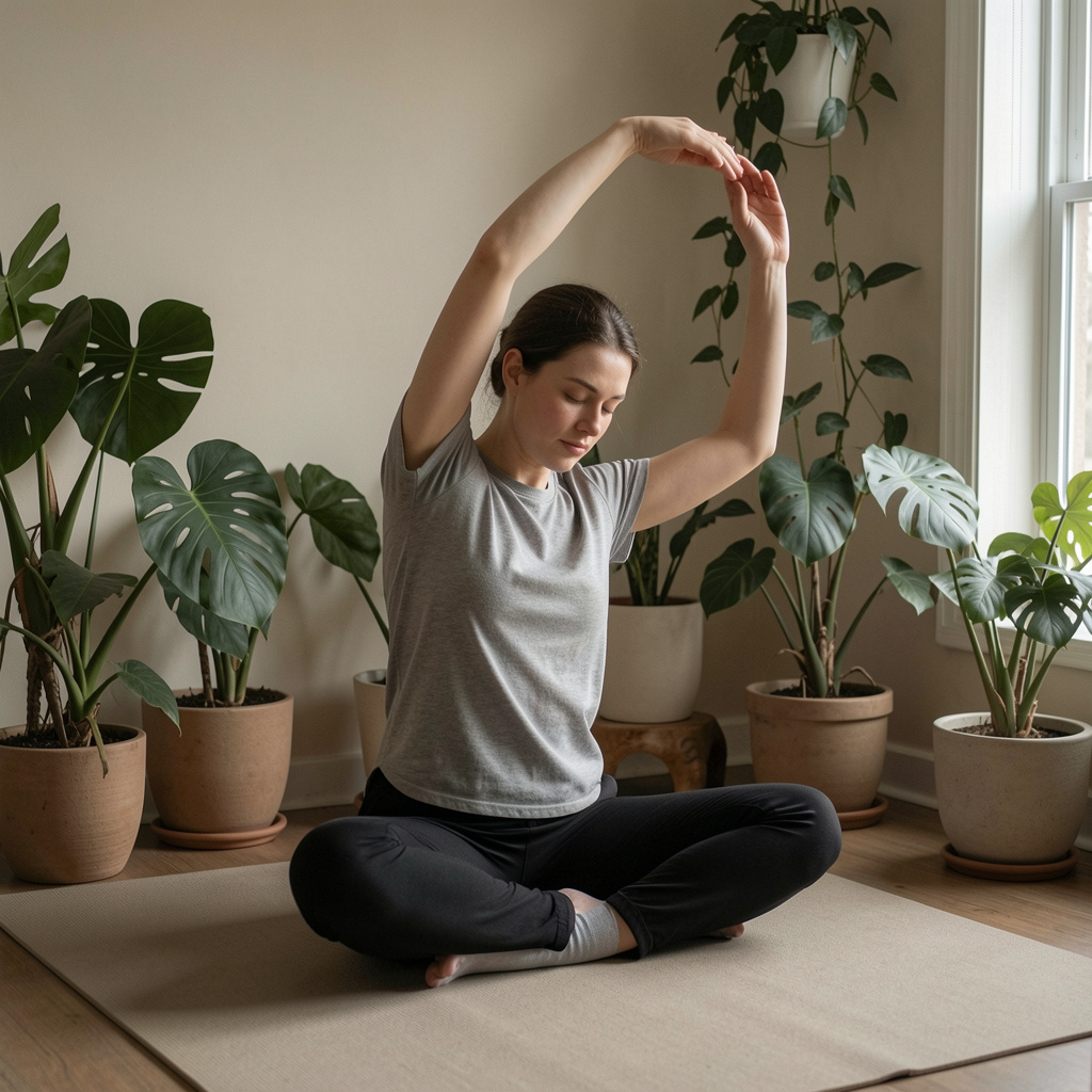 Person stretching and checking body sensations mindfully