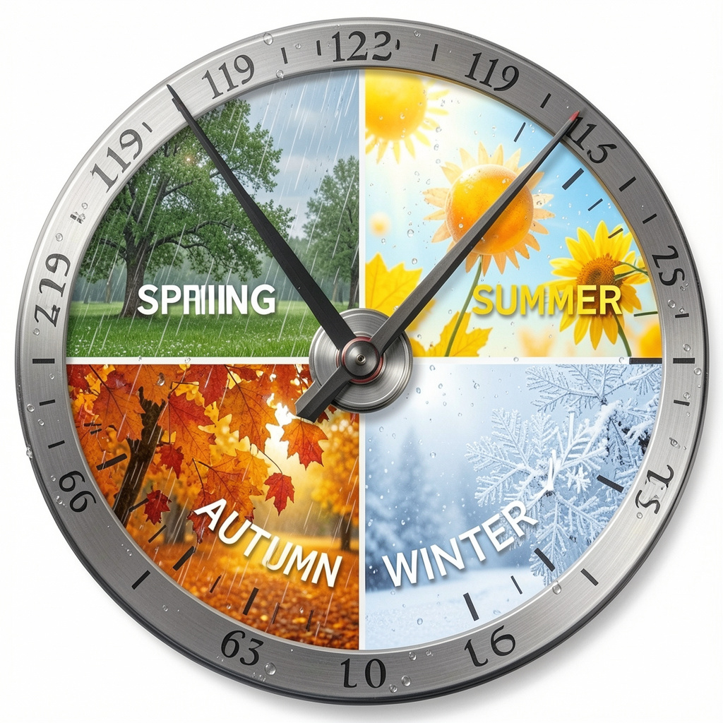 Four seasons represented showing different daylight and weather patterns